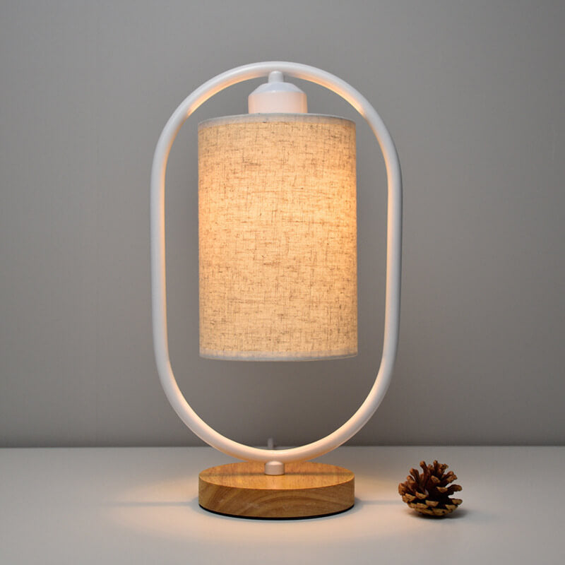 Modern Fabric Table Lamp with Wooden Details – 3-Color Light – White/Beige
