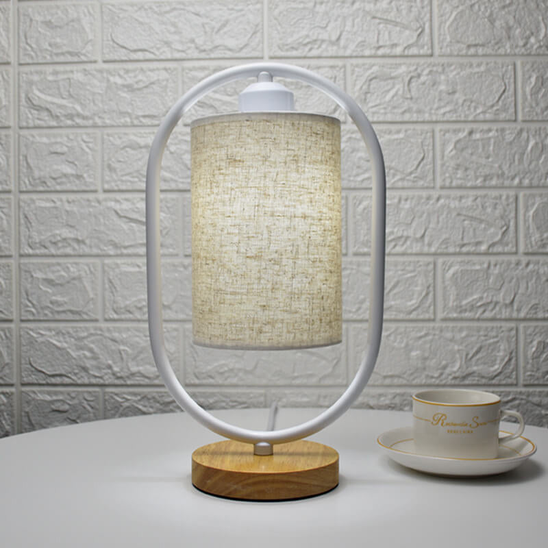 Modern Fabric Table Lamp with Wooden Details – 3-Color Light – White/Beige
