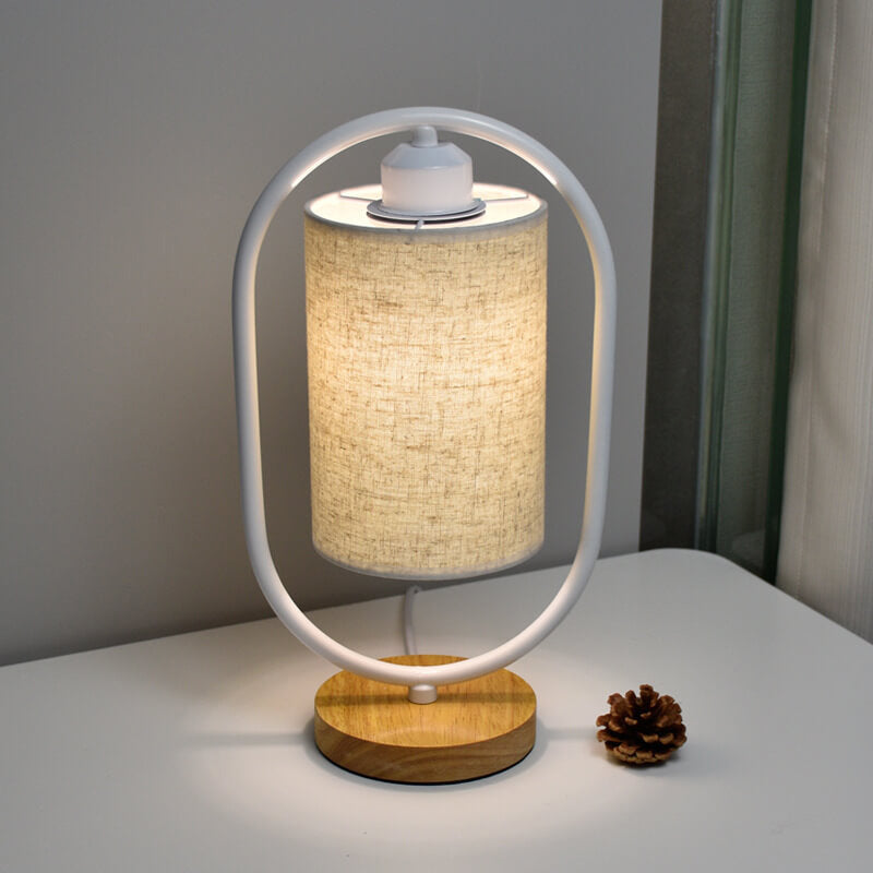 Modern Fabric Table Lamp with Wooden Details – 3-Color Light – White/Beige