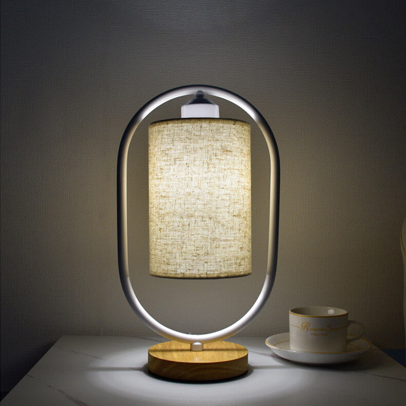 Modern Fabric Table Lamp with Wooden Details – 3-Color Light – White/Beige