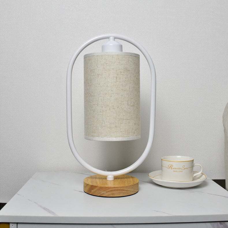 Modern Fabric Table Lamp with Wooden Details – 3-Color Light – White/Beige