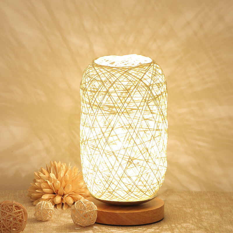 Industrial Rattan & Wooden Table Lamp with Japandi Design