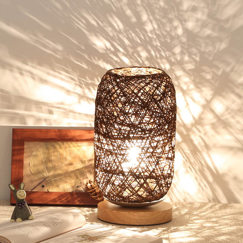 Industrial Rattan & Wooden Table Lamp with Japandi Design