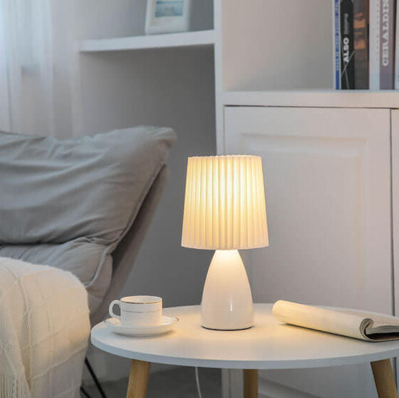 Scandinavian Glass Table Lamp with Fabric Shade – 3-Color Dimmable Light