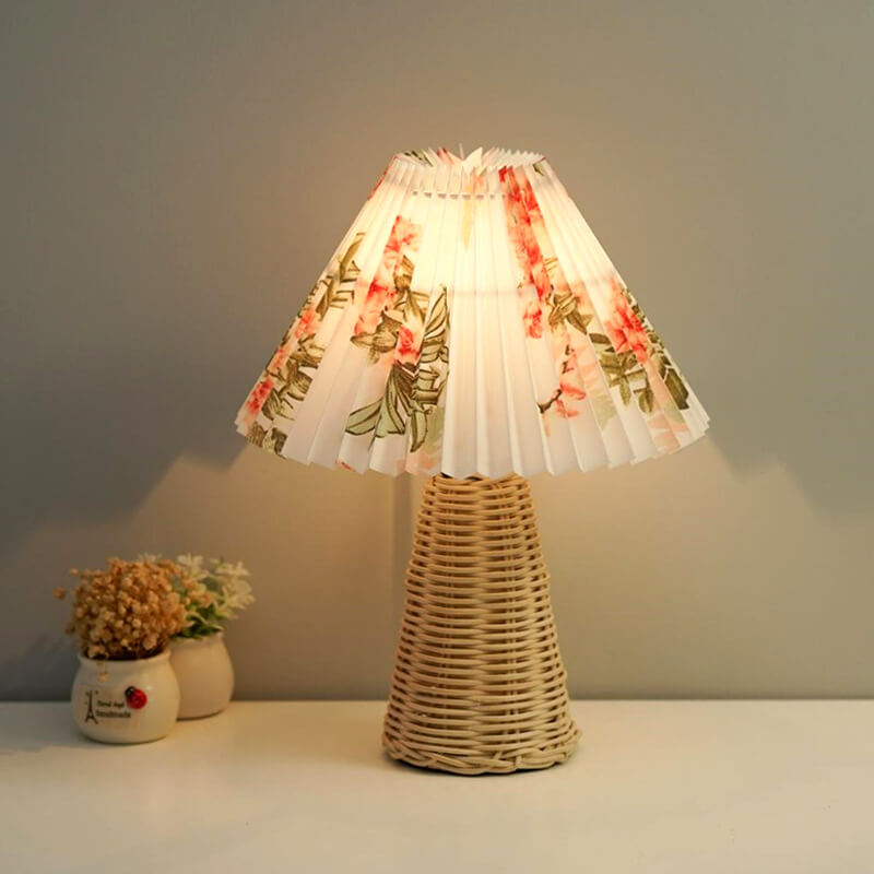 Modern Beige Rattan Table Lamp with Fabric Shade – For Bedroom, Living Room or Office