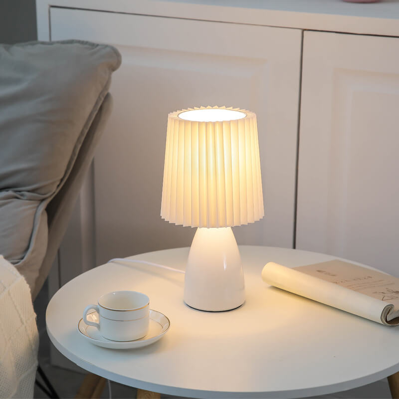 Scandinavian Glass Table Lamp with Fabric Shade – 3-Color Dimmable Light