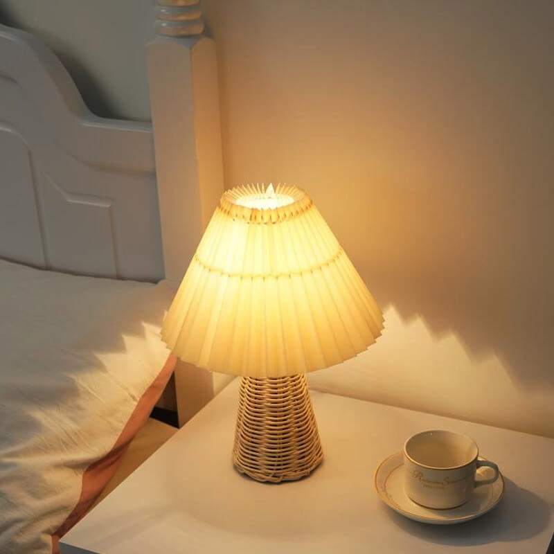 Modern Beige Rattan Table Lamp with Fabric Shade – For Bedroom, Living Room or Office