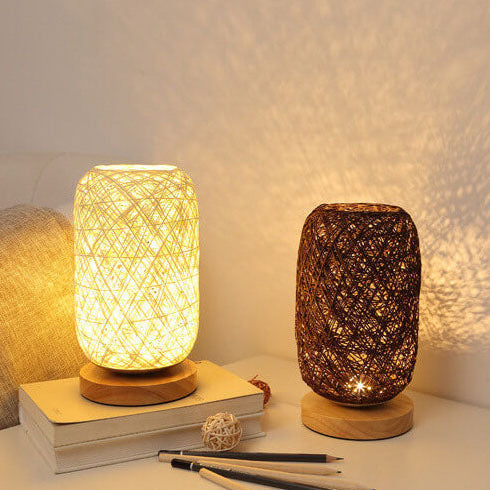 Industrial Rattan & Wooden Table Lamp with Japandi Design
