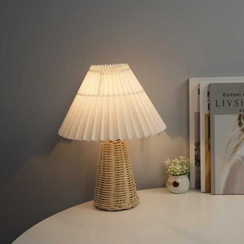 Modern Beige Rattan Table Lamp with Fabric Shade – For Bedroom, Living Room or Office
