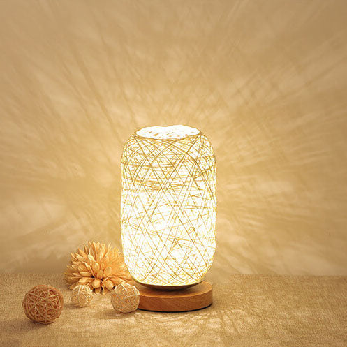 Industrial Rattan & Wooden Table Lamp with Japandi Design