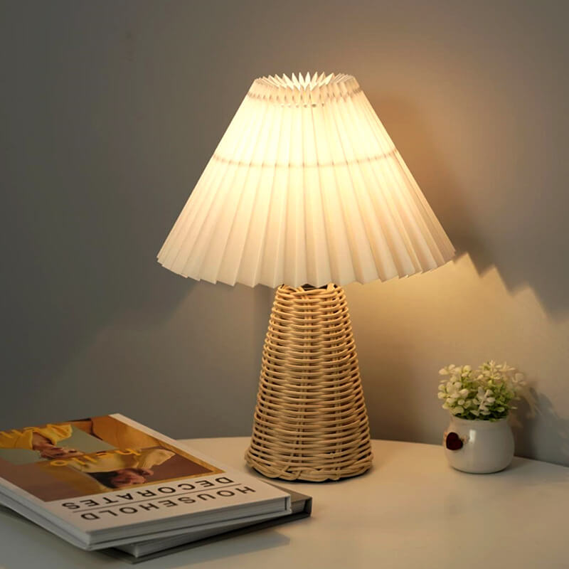 Modern Beige Rattan Table Lamp with Fabric Shade – For Bedroom, Living Room or Office