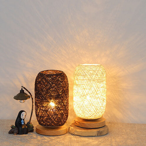 Industrial Rattan & Wooden Table Lamp with Japandi Design