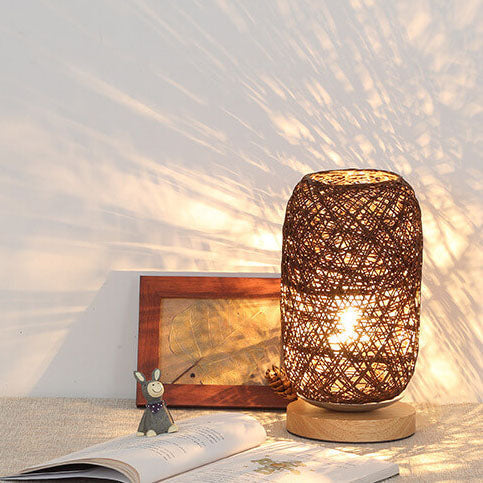 Industrial Rattan & Wooden Table Lamp with Japandi Design