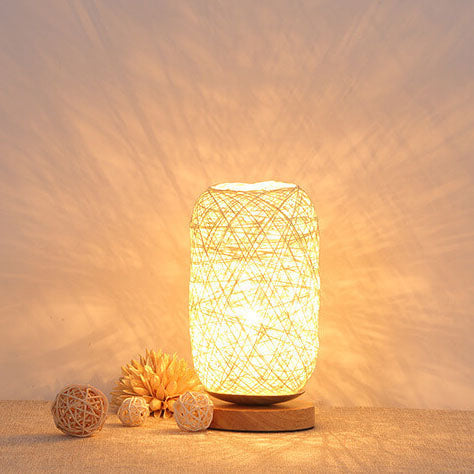 Industrial Rattan & Wooden Table Lamp with Japandi Design