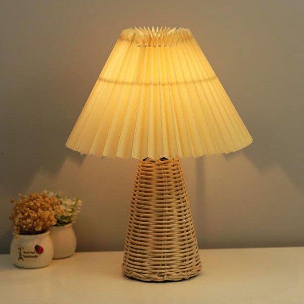 Modern Beige Rattan Table Lamp with Fabric Shade – For Bedroom, Living Room or Office