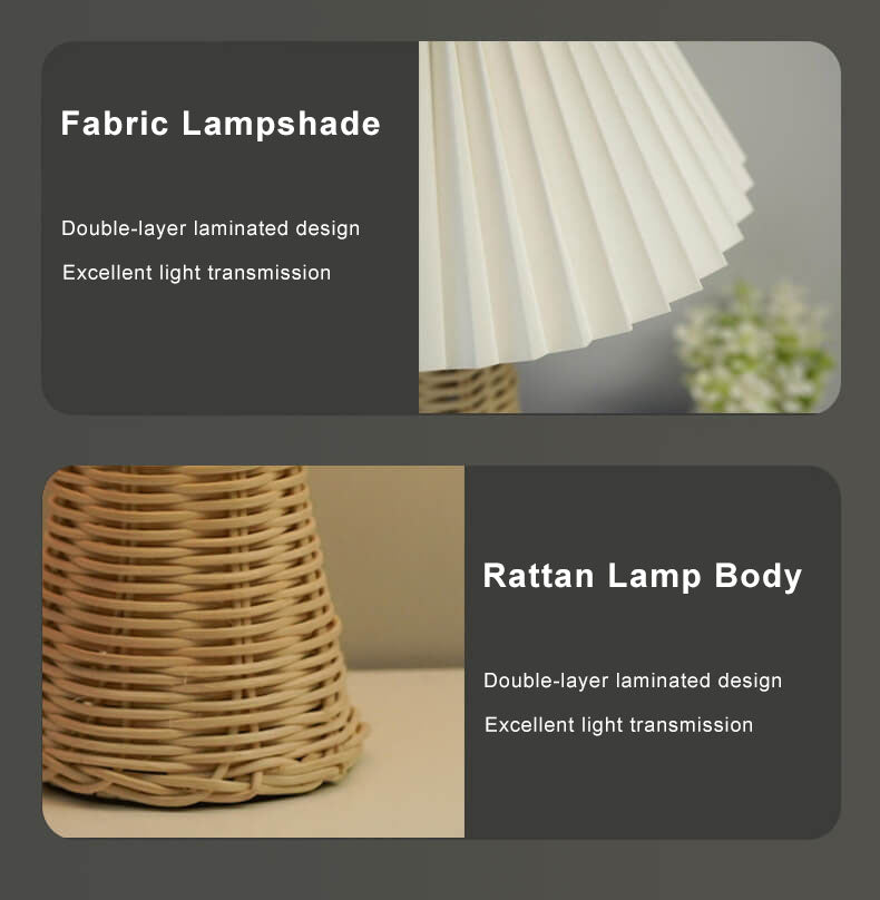 Modern Beige Rattan Table Lamp with Fabric Shade – For Bedroom, Living Room or Office