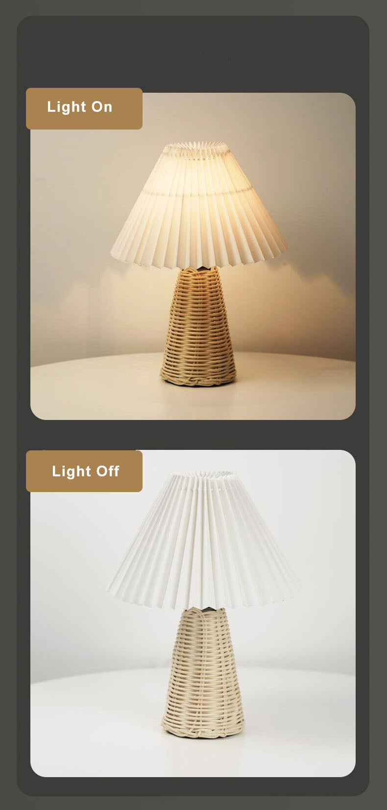 Modern Beige Rattan Table Lamp with Fabric Shade – For Bedroom, Living Room or Office