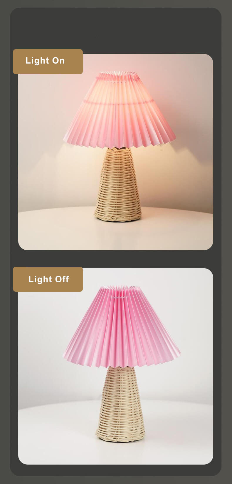 Modern Beige Rattan Table Lamp with Fabric Shade – For Bedroom, Living Room or Office