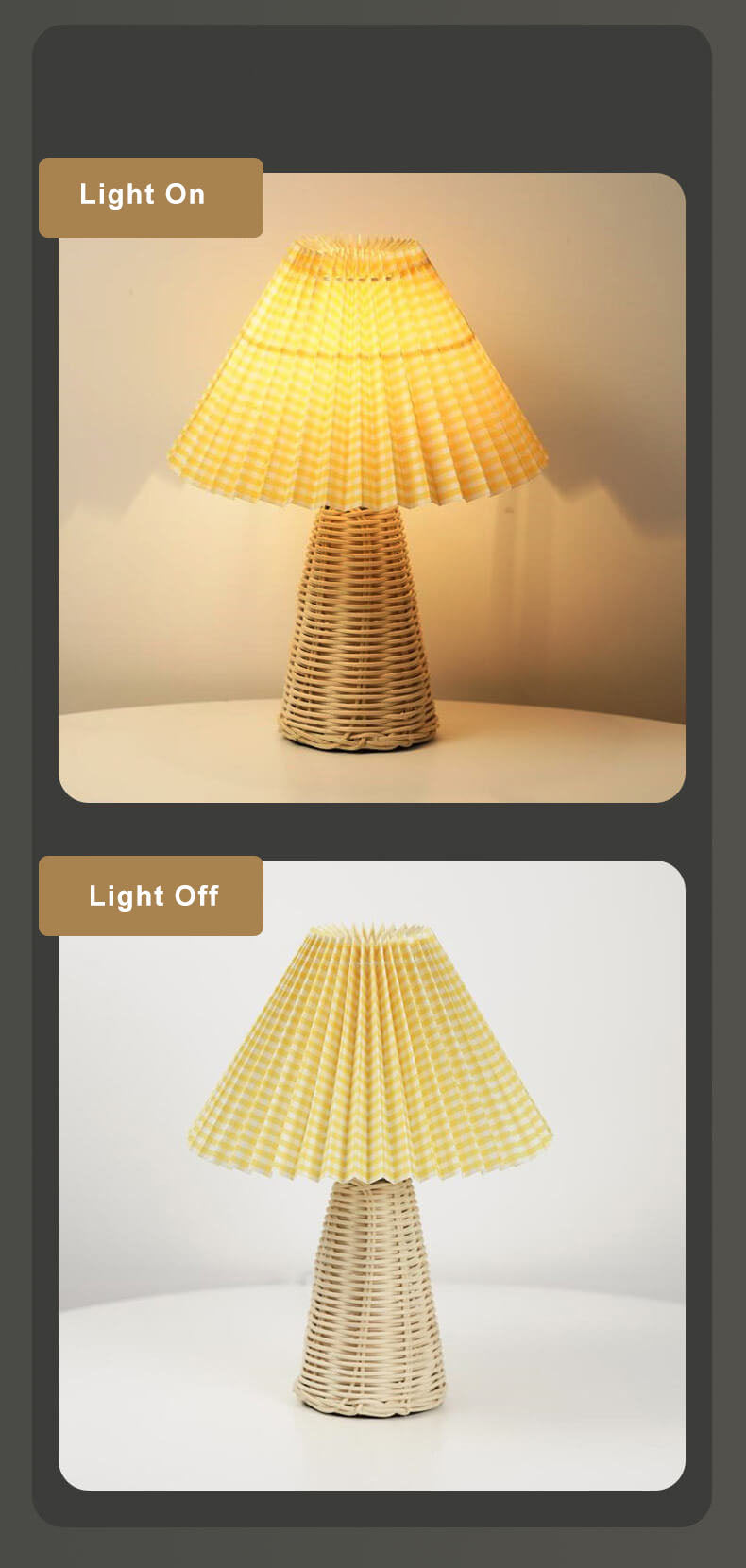 Modern Beige Rattan Table Lamp with Fabric Shade – For Bedroom, Living Room or Office