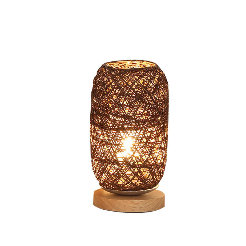 Industrial Rattan & Wooden Table Lamp with Japandi Design