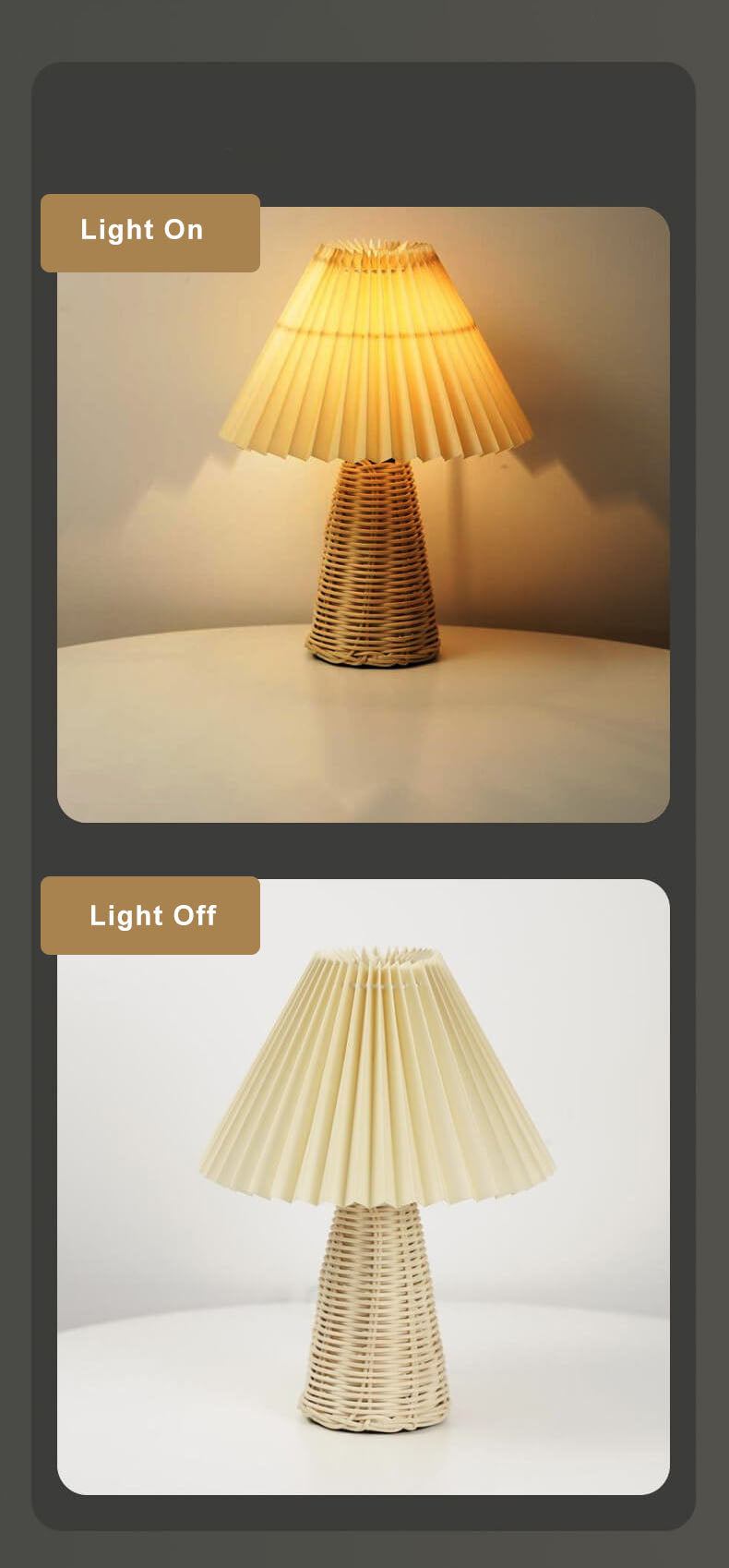 Modern Beige Rattan Table Lamp with Fabric Shade – For Bedroom, Living Room or Office
