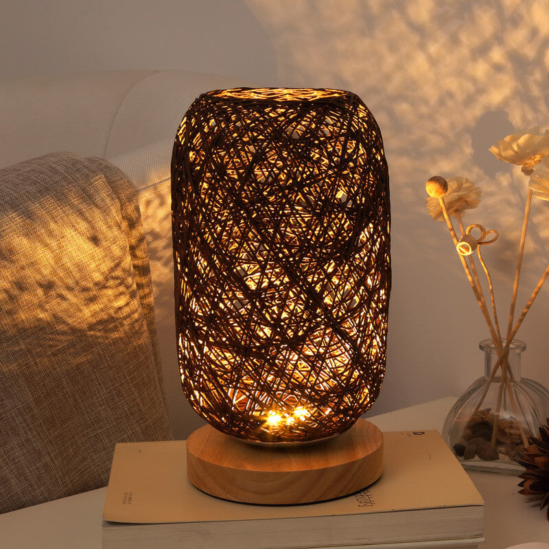 Industrial Rattan & Wooden Table Lamp with Japandi Design