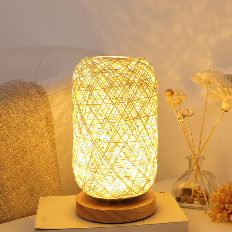 Industrial Rattan & Wooden Table Lamp with Japandi Design