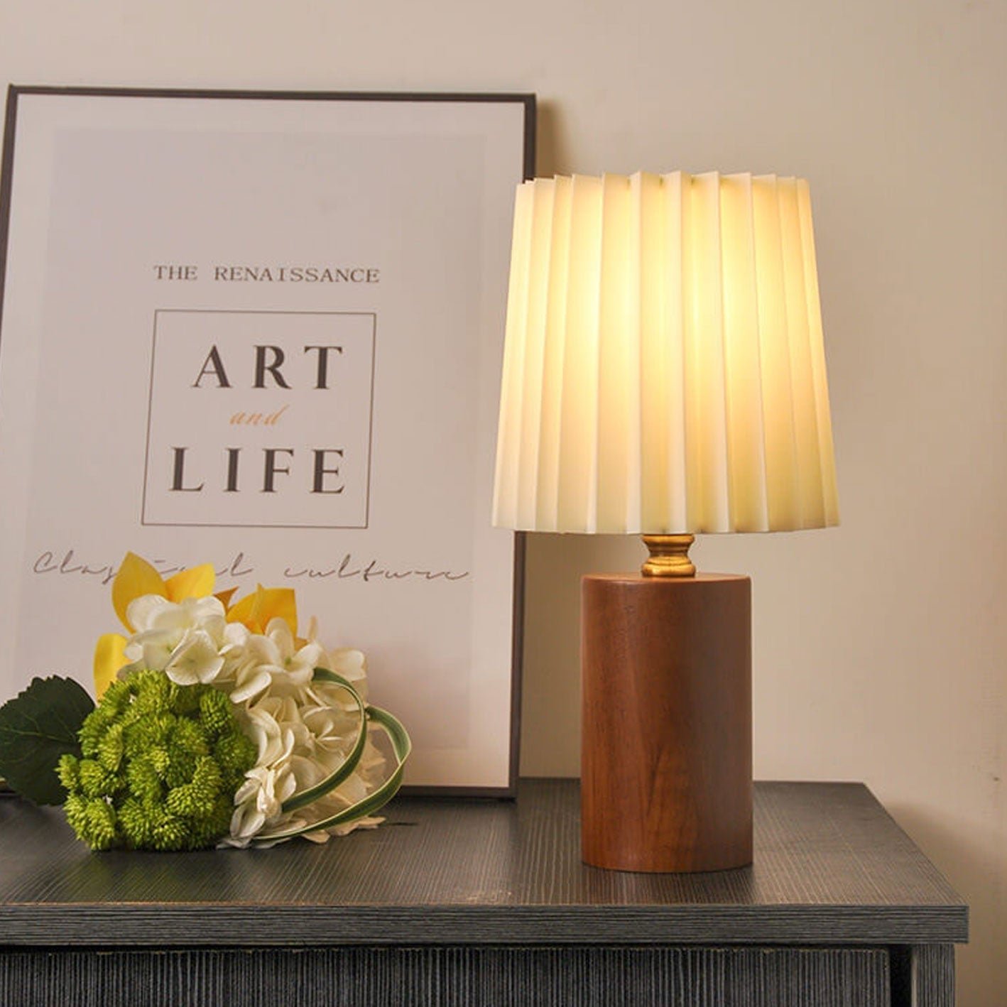 Wooden Japandi Table Lamp with Fabric Shade
