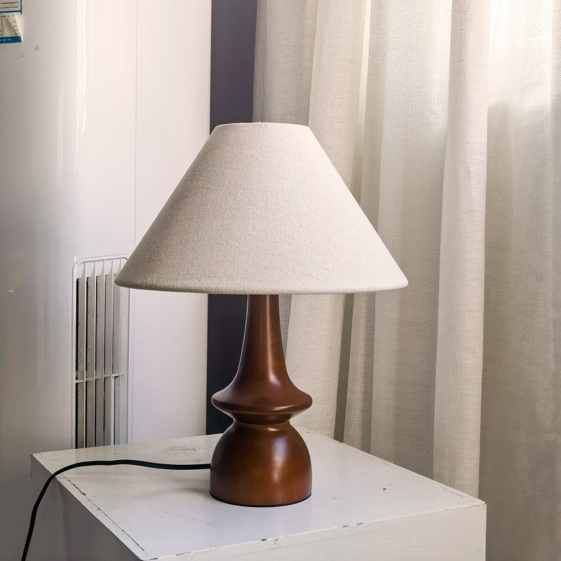 Vintage Table Lamp with Winter Atmosphere – Walnut Wood & Linen Shade – Retro Design