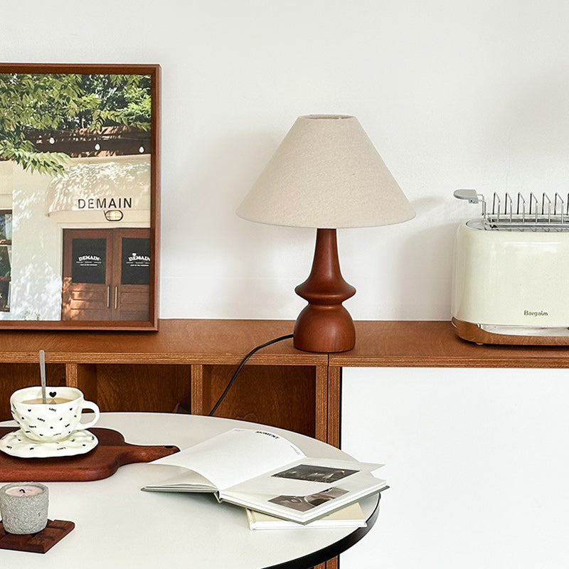 Vintage Table Lamp with Winter Atmosphere – Walnut Wood & Linen Shade – Retro Design