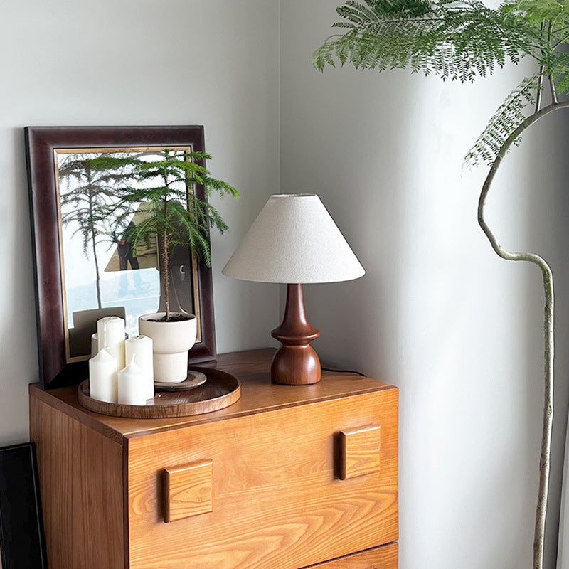 Vintage Table Lamp with Winter Atmosphere – Walnut Wood & Linen Shade – Retro Design