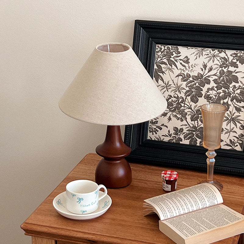 Vintage Table Lamp with Winter Atmosphere – Walnut Wood & Linen Shade – Retro Design