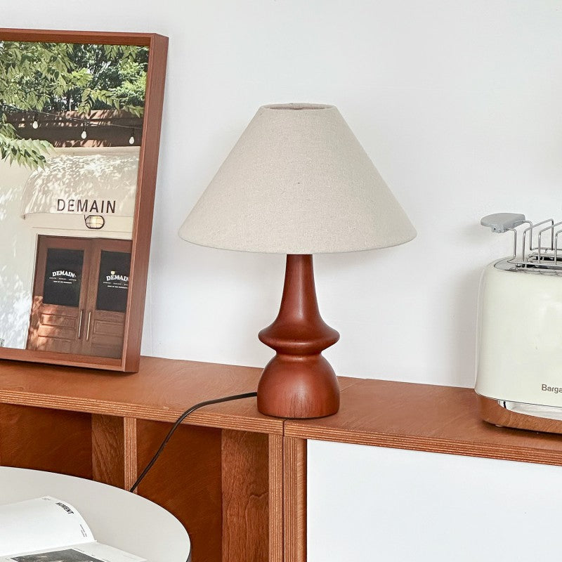 Vintage Table Lamp with Winter Atmosphere – Walnut Wood & Linen Shade – Retro Design