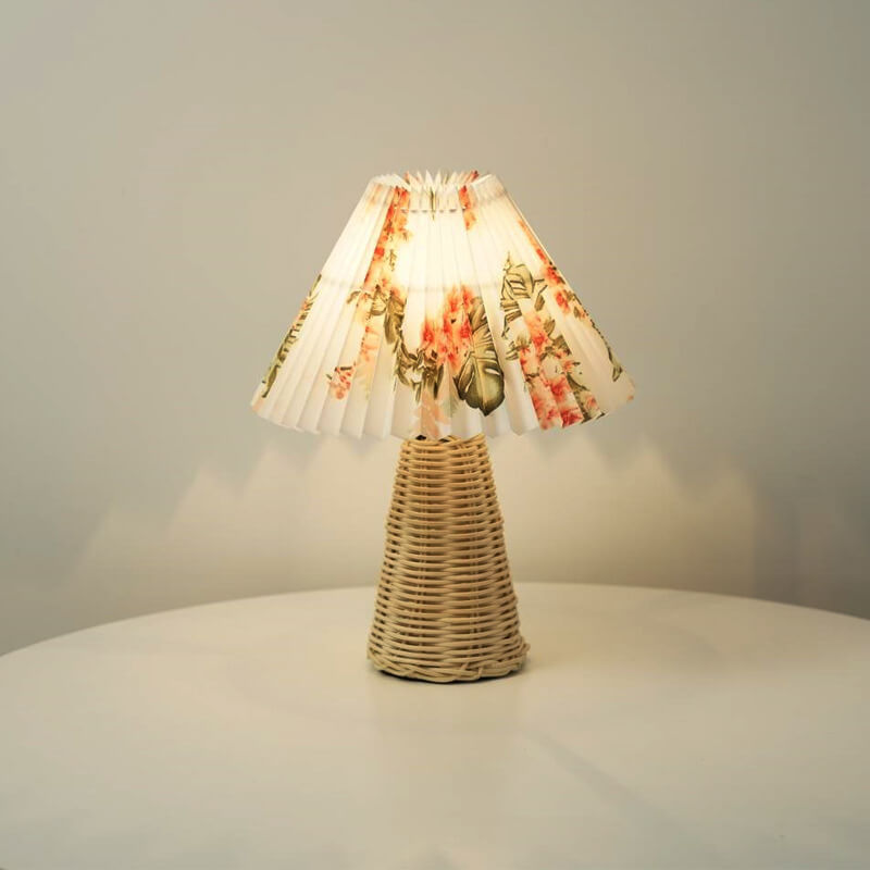 Modern Beige Rattan Table Lamp with Fabric Shade – For Bedroom, Living Room or Office