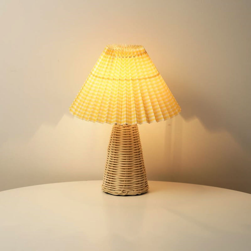 Modern Beige Rattan Table Lamp with Fabric Shade – For Bedroom, Living Room or Office