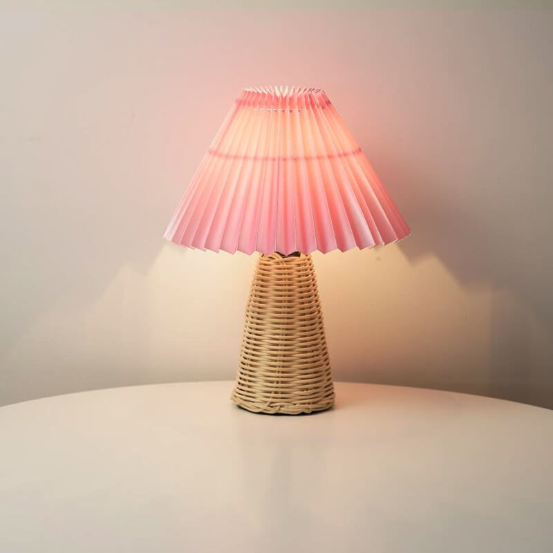 Modern Beige Rattan Table Lamp with Fabric Shade – For Bedroom, Living Room or Office