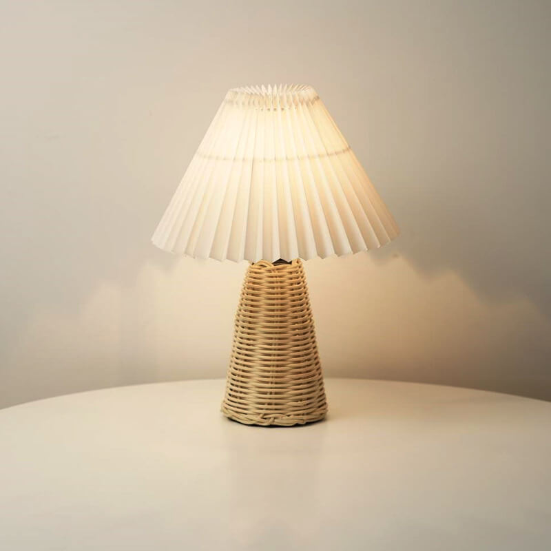 Modern Beige Rattan Table Lamp with Fabric Shade – For Bedroom, Living Room or Office
