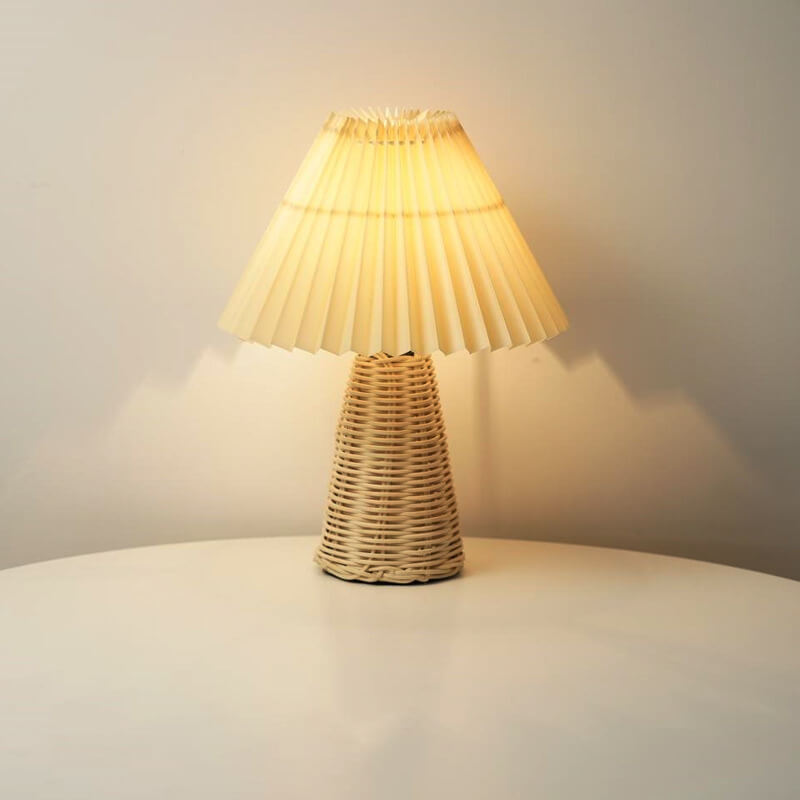 Modern Beige Rattan Table Lamp with Fabric Shade – For Bedroom, Living Room or Office