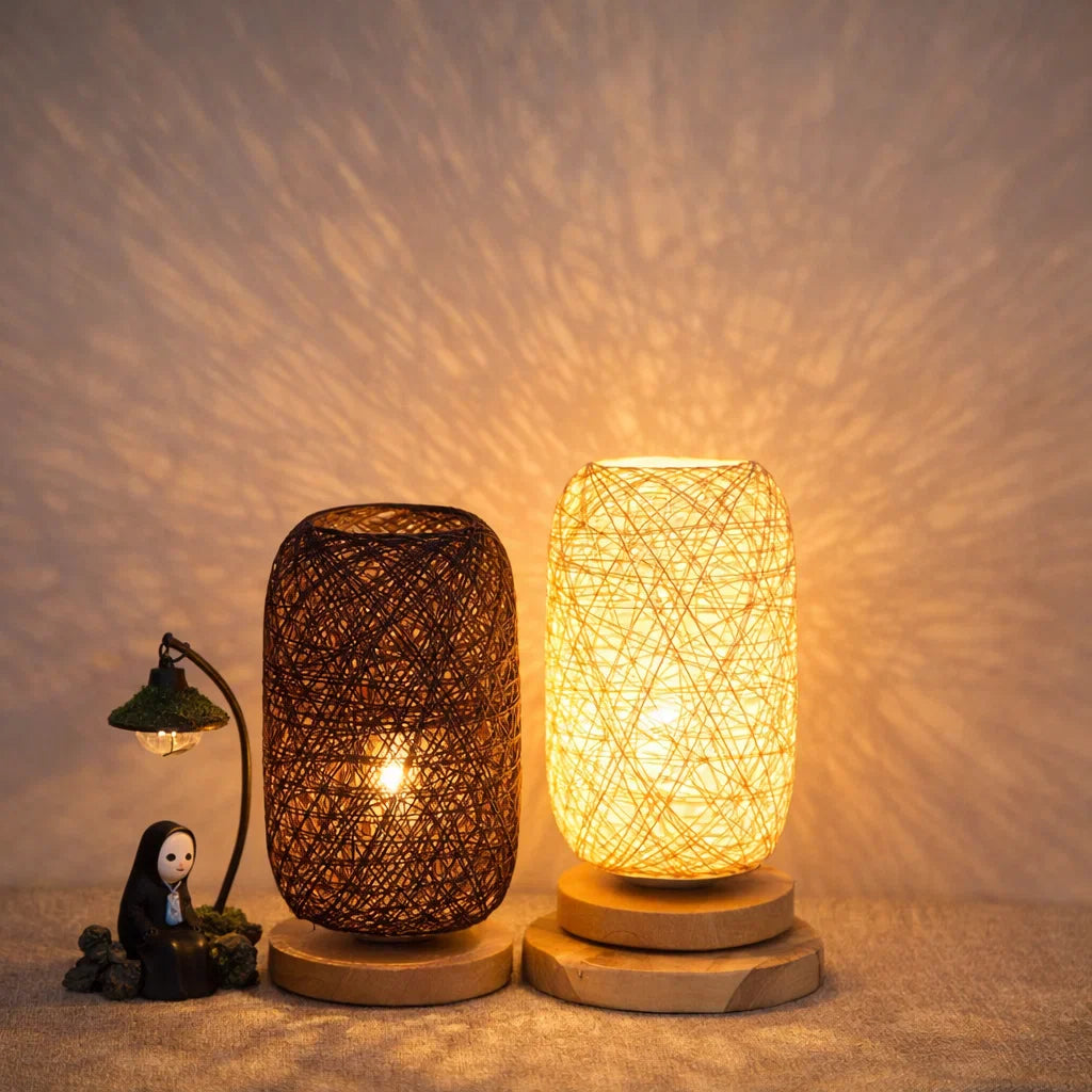 Industrial Rattan & Wooden Table Lamp with Japandi Design